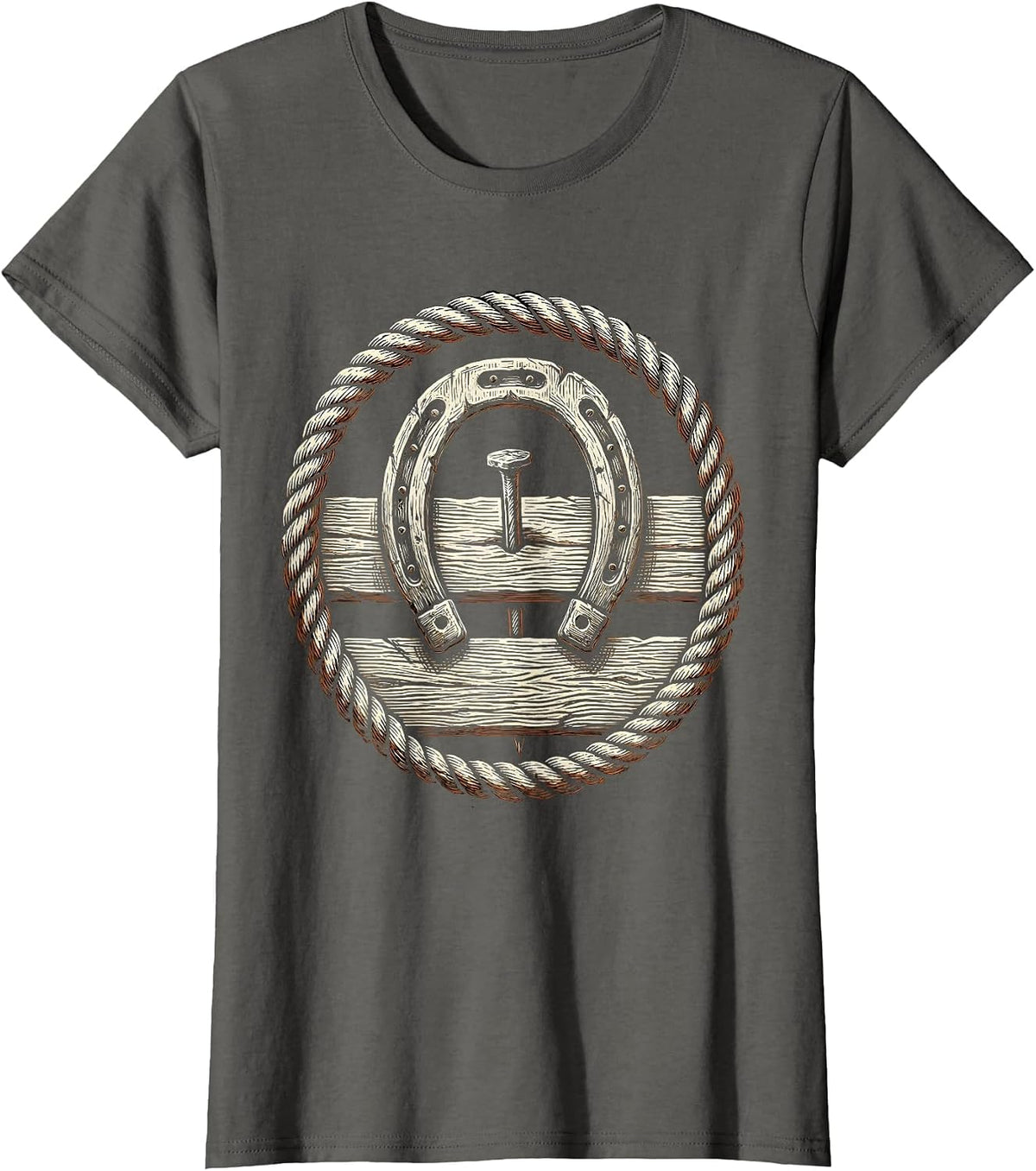 Women's Horseshoe on Weathered Wooden Fence Graphic T-Shirt - Asphalt Grey