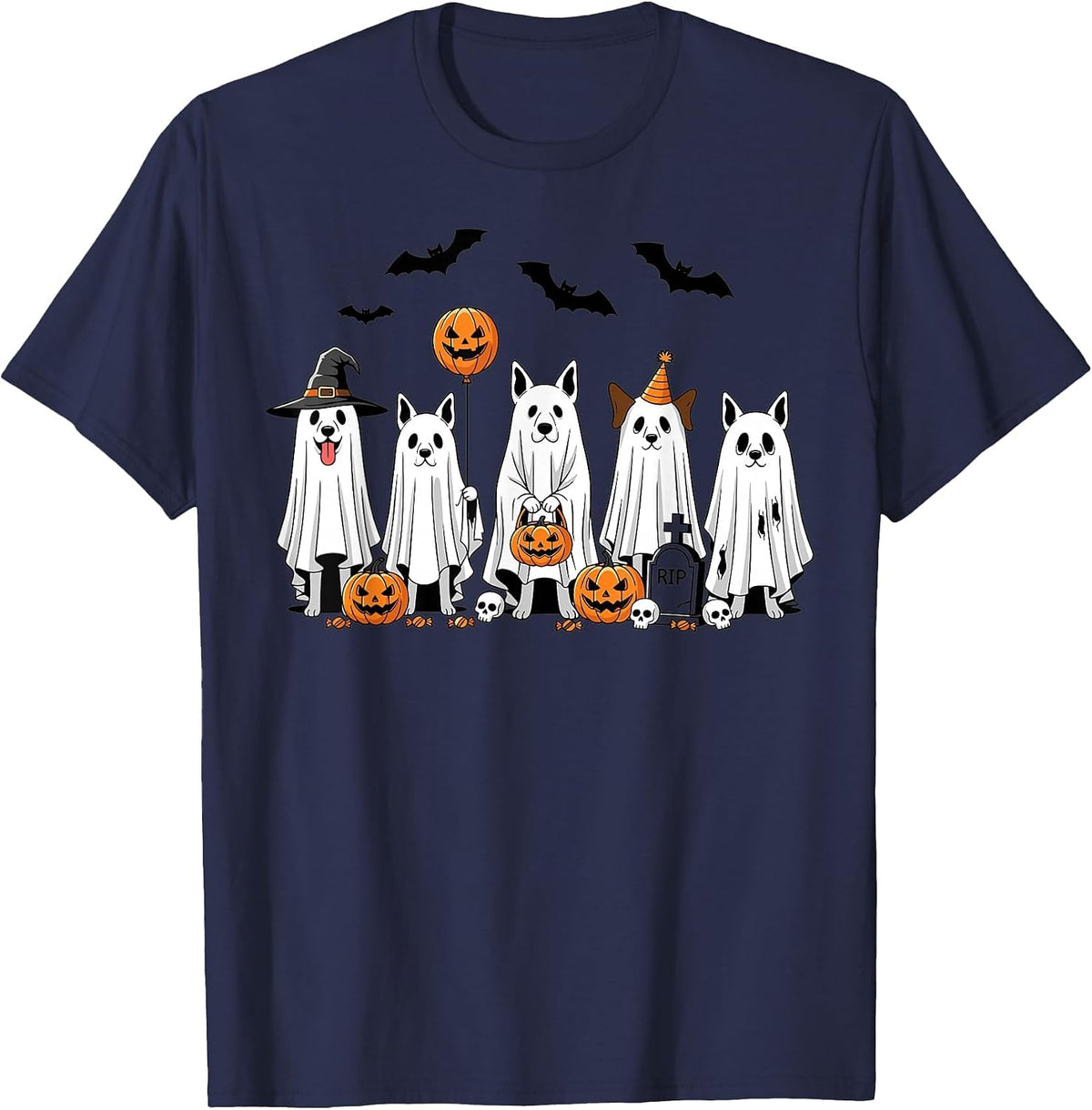 Halloween Ghost Dogs Pumpkin Candy Party Costume T-Shirt - Navy Blue