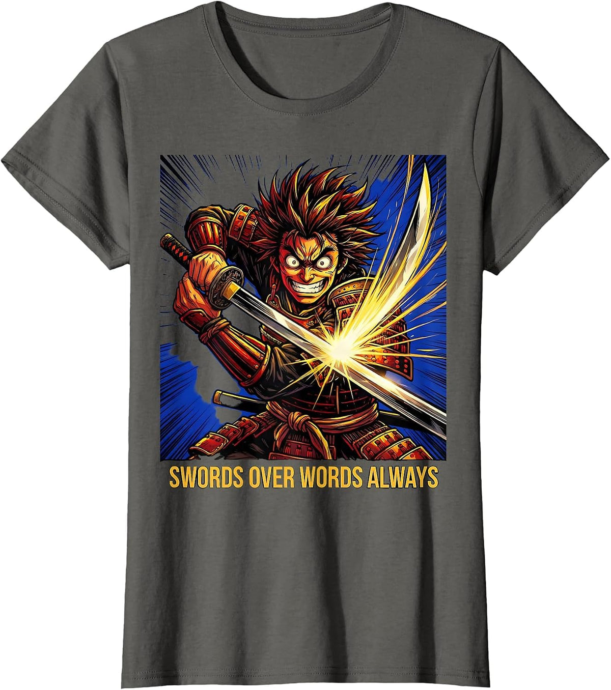 Women's Swords Over Words Always Anime Warrior Design T-Shirt - Asphalt Grey