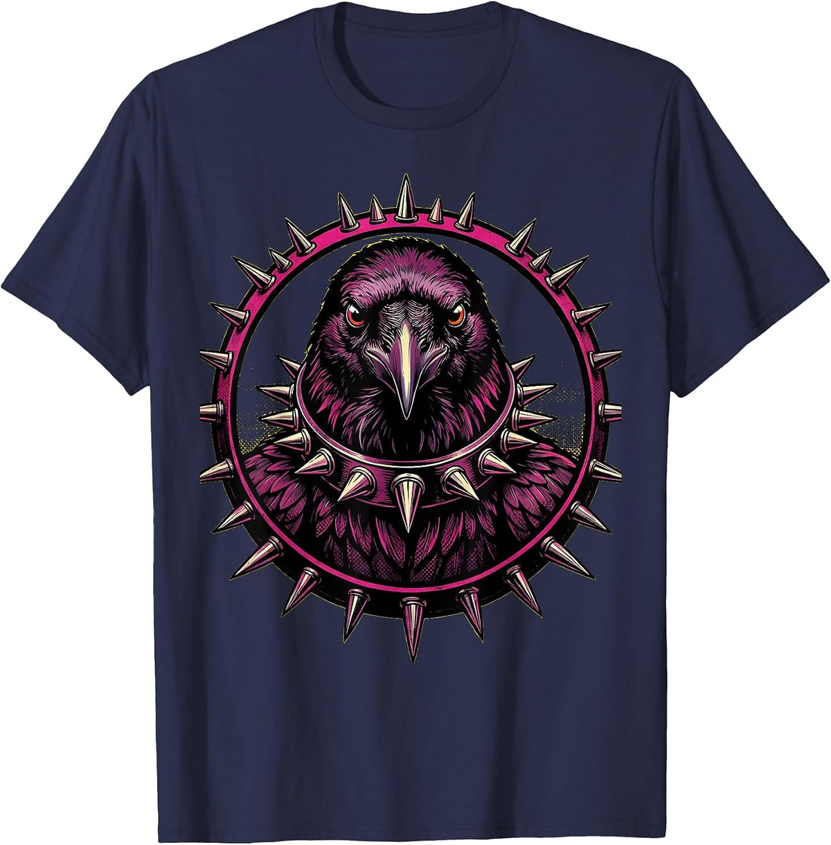 Punk Rock Crow Spiked Collar Graphic T-Shirt - Navy Blue
