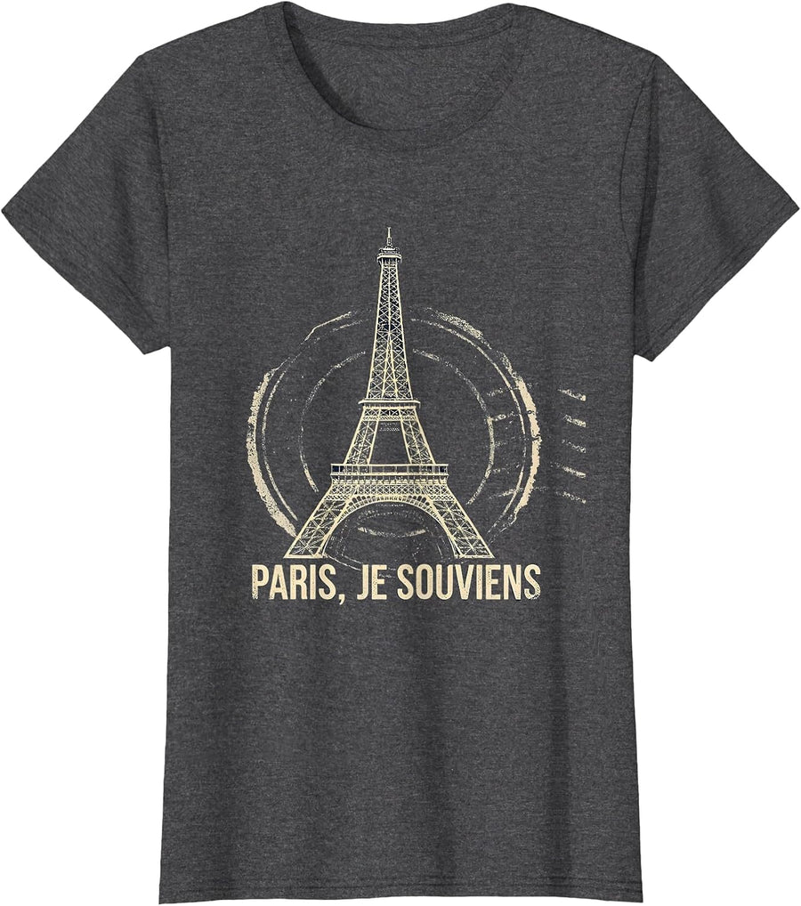 Women's Paris Je Souviens Rubber Stamp Eiffel Tower Travel Souvenir T-Shirt - Dark Heather Grey