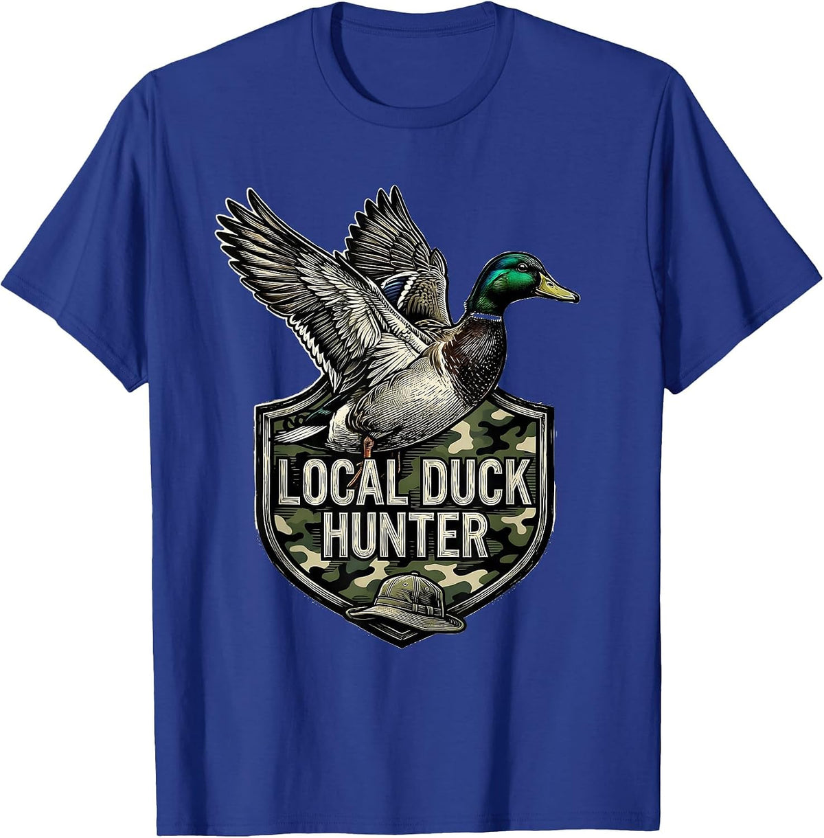 Local Duck Hunter Woodcut Engraving Youth Camo Hunting Boy T-Shirt - Royal Blue