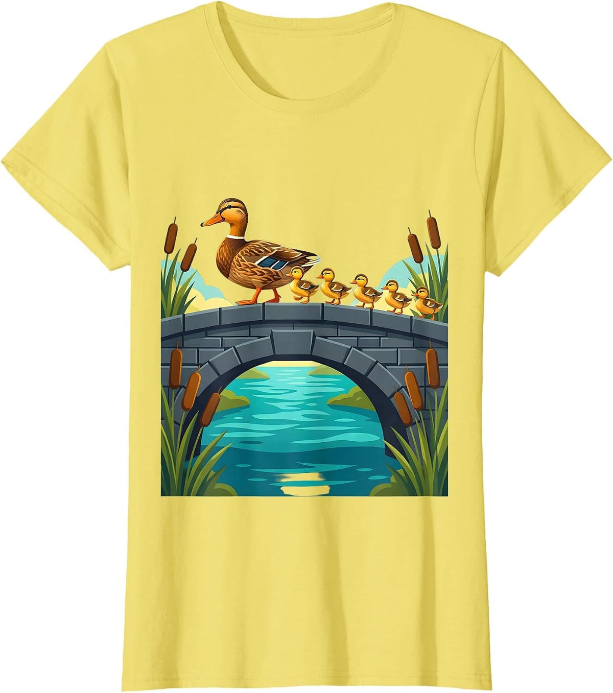 Family of Ducks Crossing Old Stone Bridge T-Shirt - Lemon Yellow