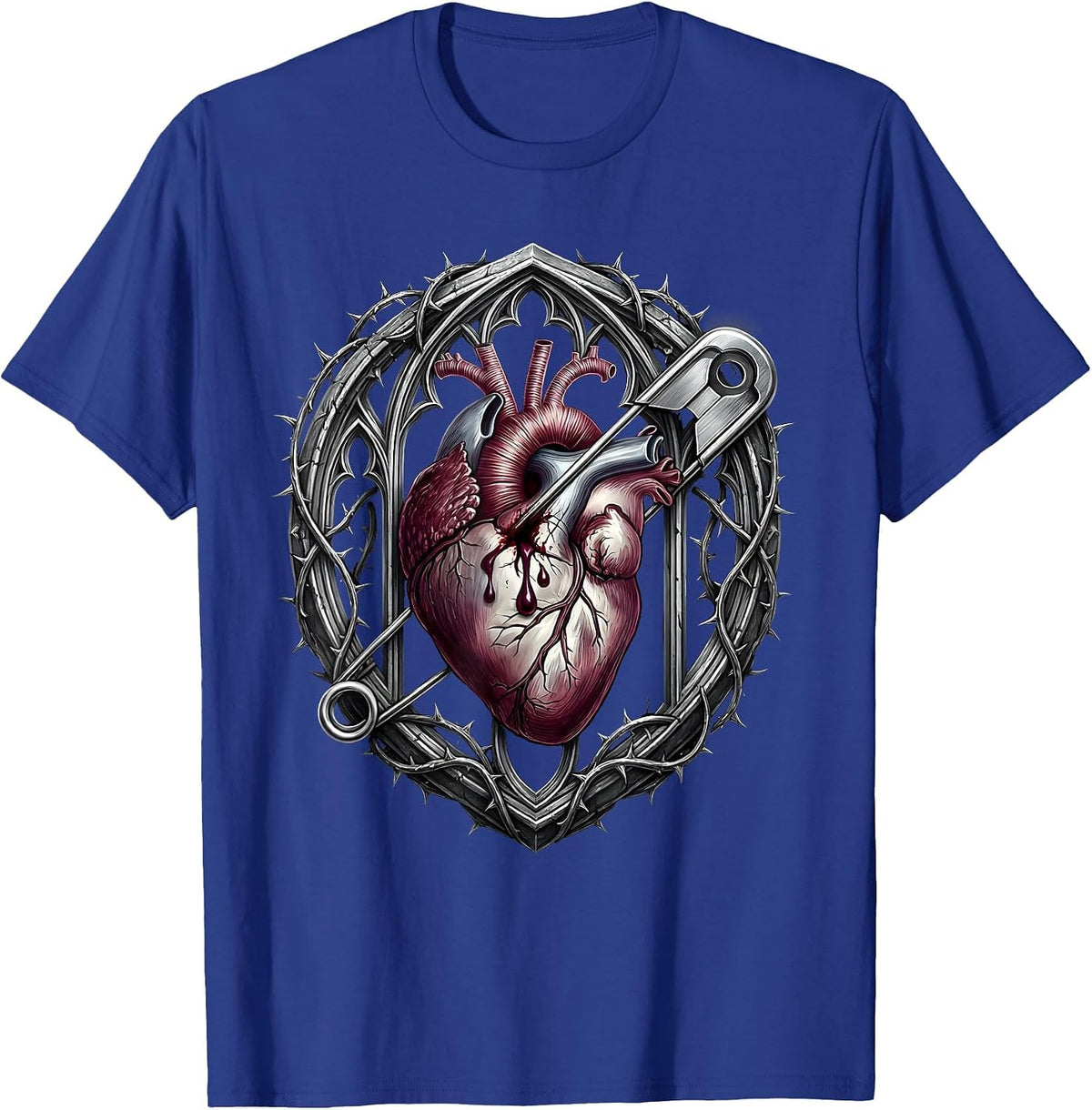 Punk Rock Safety Pin Bleeding Heart Graphic T-Shirt - Royal Blue