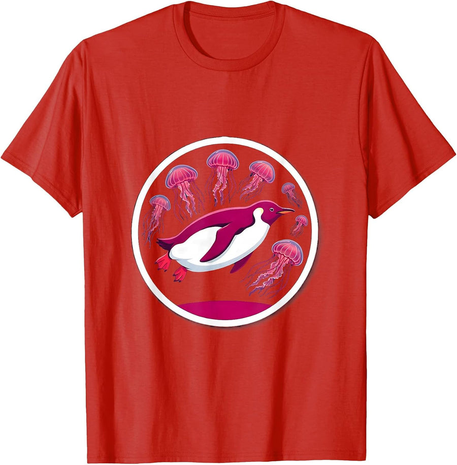 Men's Penguin Deep Sea Diving Glowing Jellyfish Art T-Shirt - Red