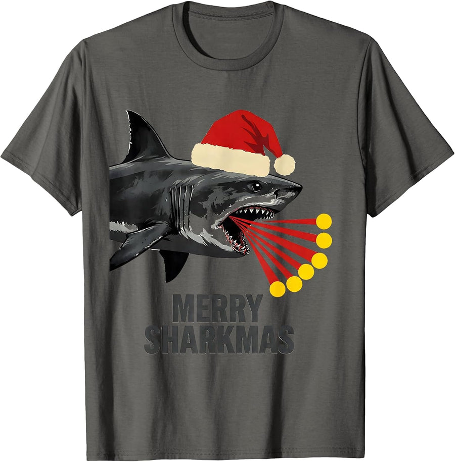 Merry Sharkmas! Funny Shark Lover Christmas Lights Novelty T-Shirt - Asphalt Grey