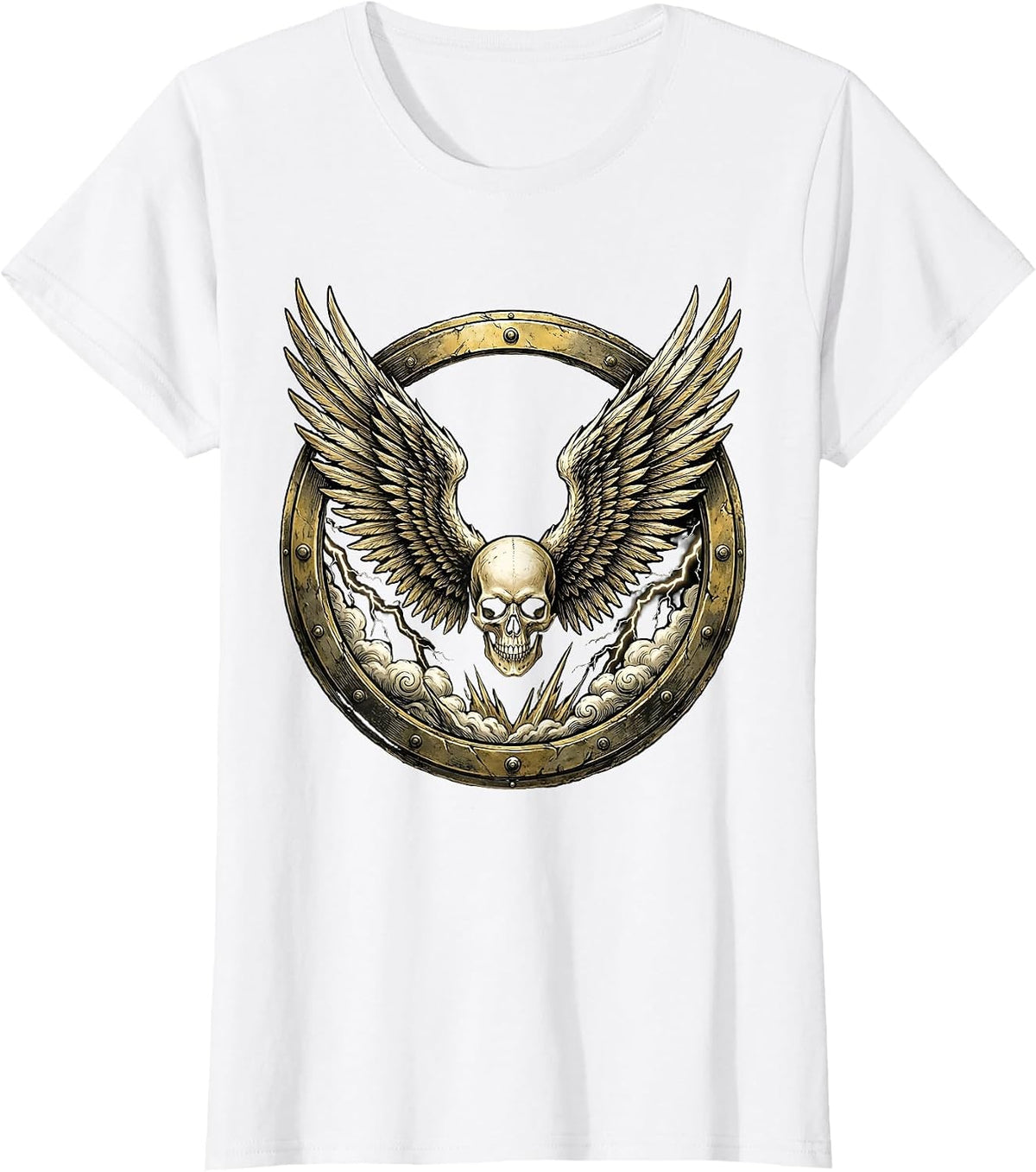 Winged Skull Storm Clouds Heavy Metal Graphic T-Shirt - White