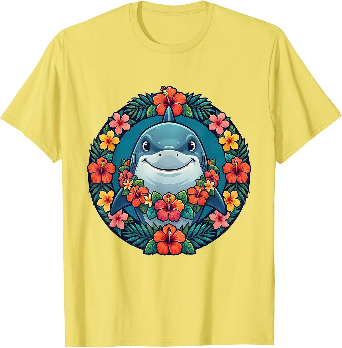 Men's Cute Shark Floral Lei Hawaiian Graphic Tee T-Shirt - Lemon Yellow