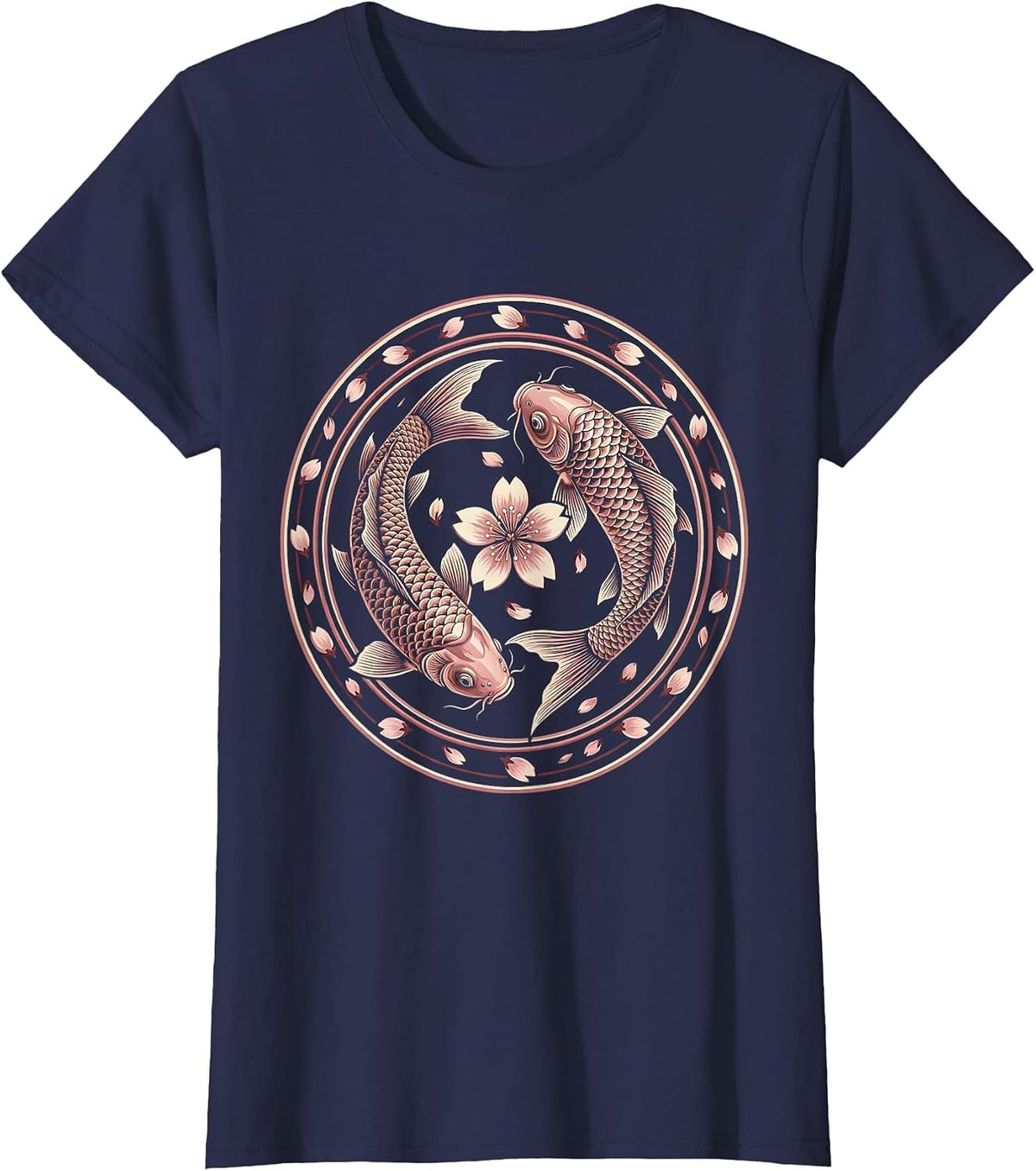 Women's Koi Fish Pink Cherry Blossom Breast Cancer Awareness T-Shirt - Navy Blue