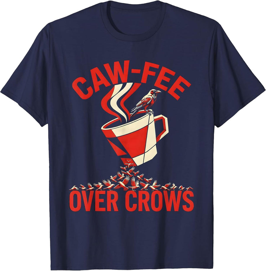 Caw-Fee Crow Coffee Lover Graphic Design T-Shirt - Navy Blue