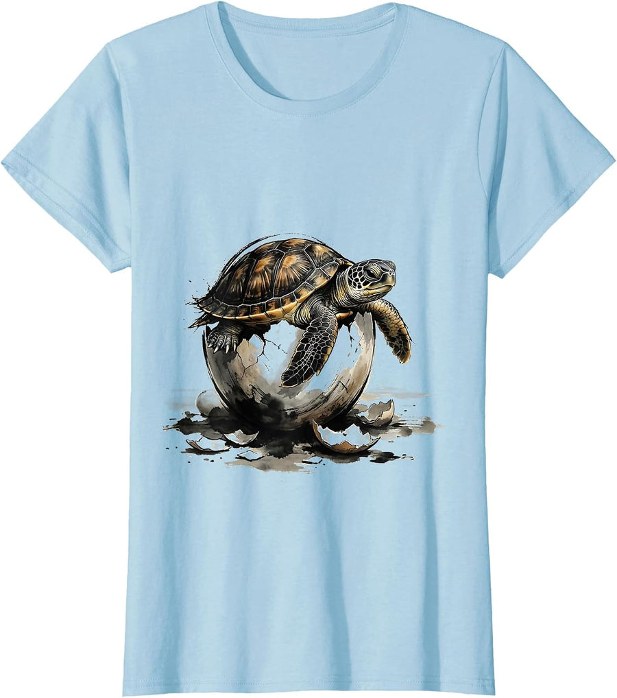 Women's Tiny Turtle Hatching From Sandy Egg Illustration T-Shirt - Baby Blue