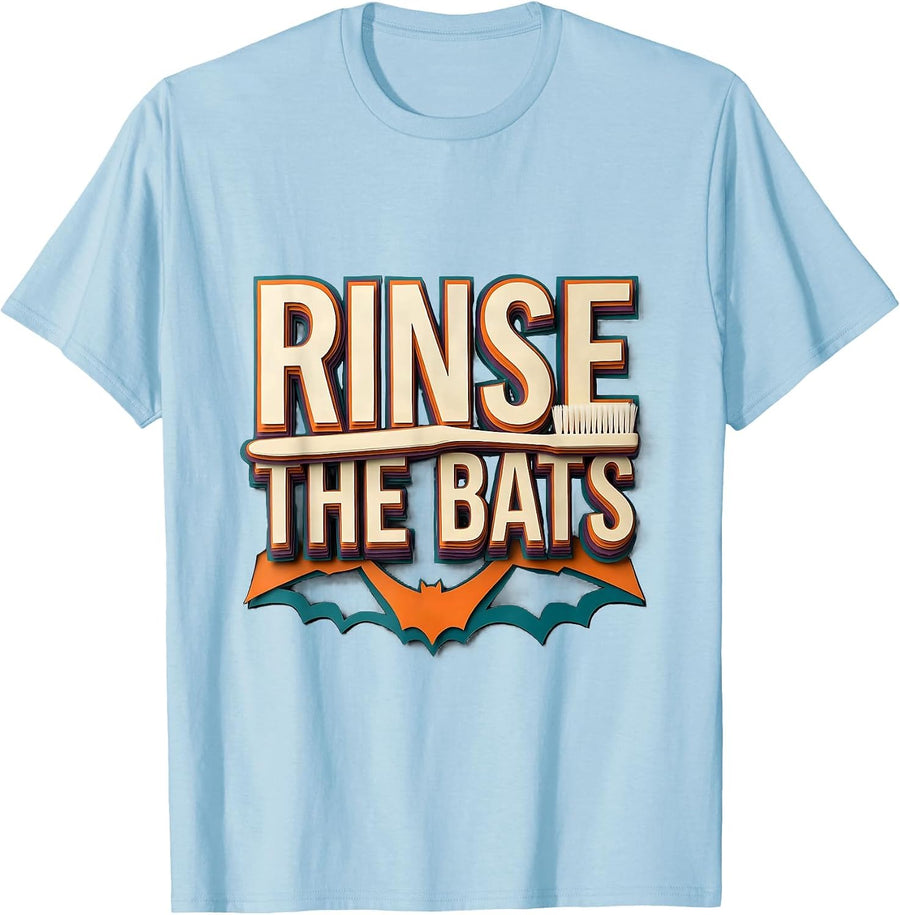 Men's Rinse the Bats Funny Dental Hygienist Dentist Halloween T-Shirt - Baby Blue