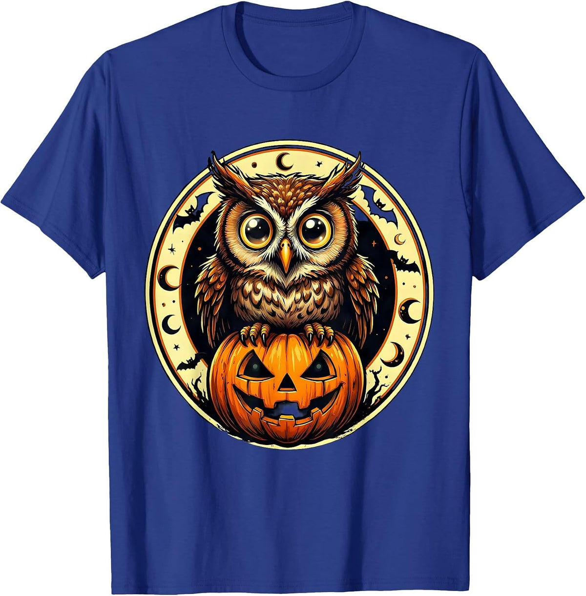 Men's Cute Halloween Owl on Glowing Pumpkin Design T-Shirt - Royal Blue