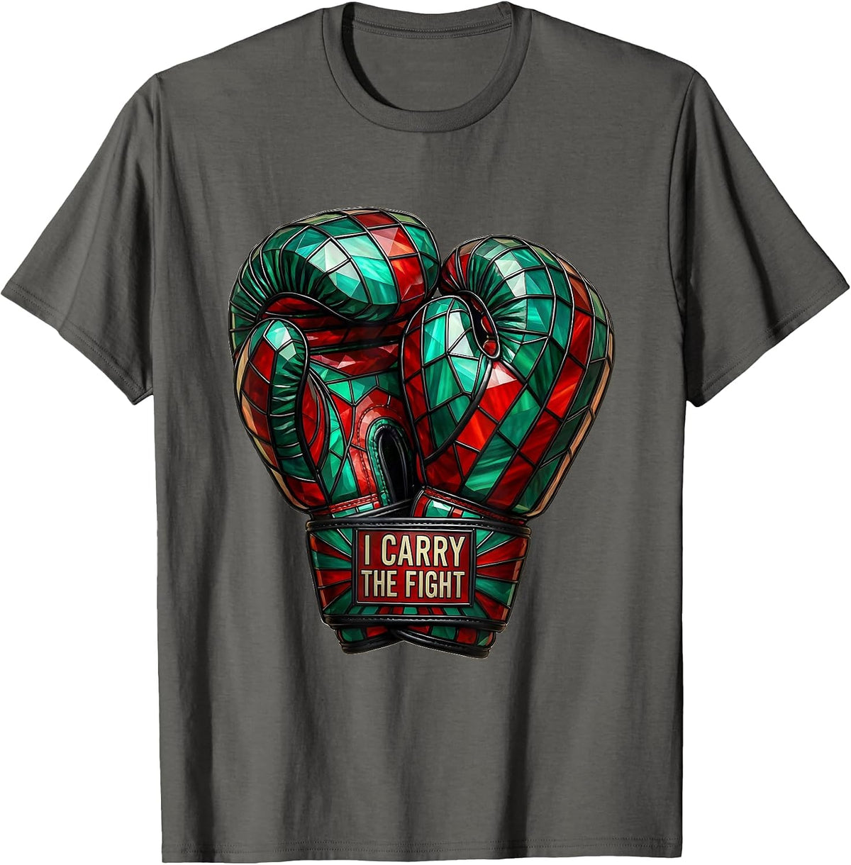 I Carry The Fight Stained Glass Mosaic Mexican Boxing Gloves T-Shirt - Asphalt Grey