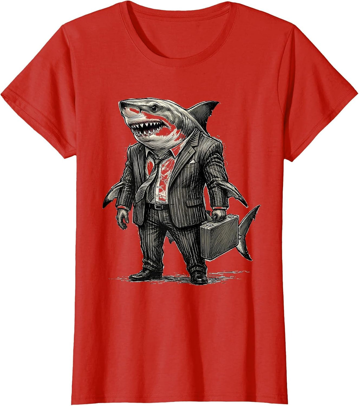 Women's Shark in Business Suit Novelty Graphic Design T-Shirt - Red