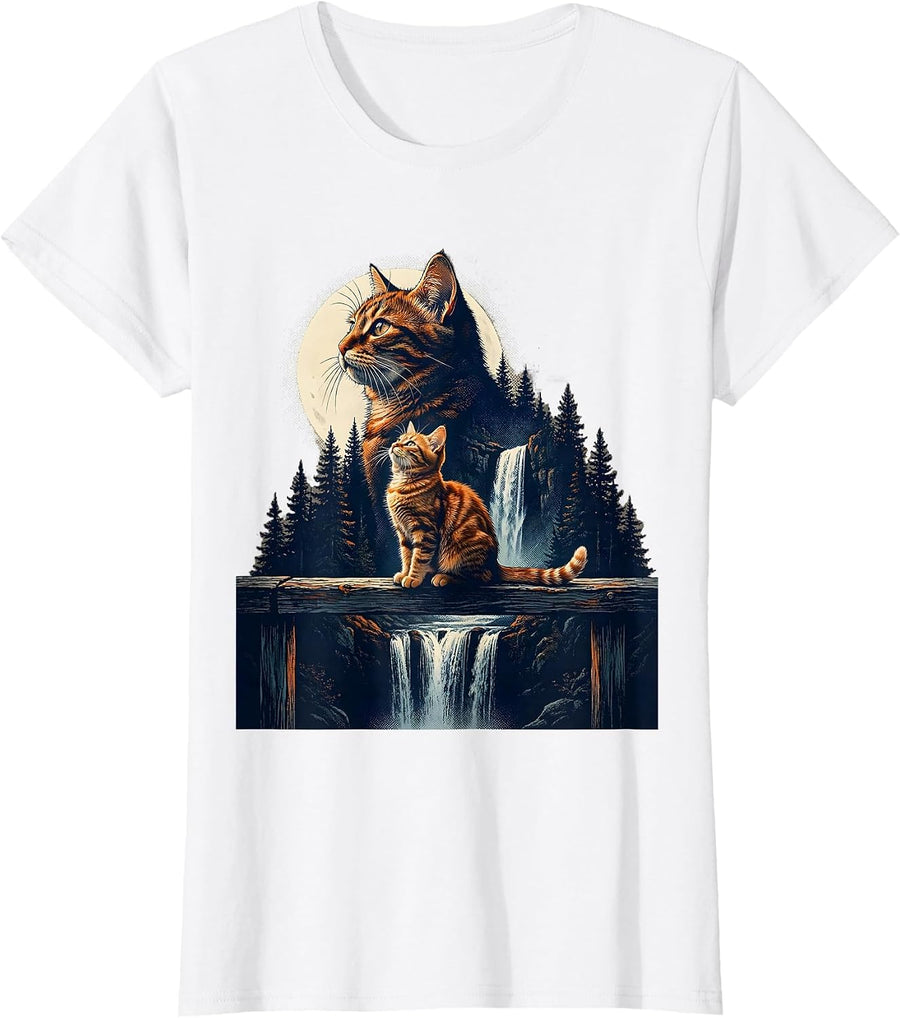 Women's Orange Tabby Cat Howling at Moon 90's Retro T-Shirt - White