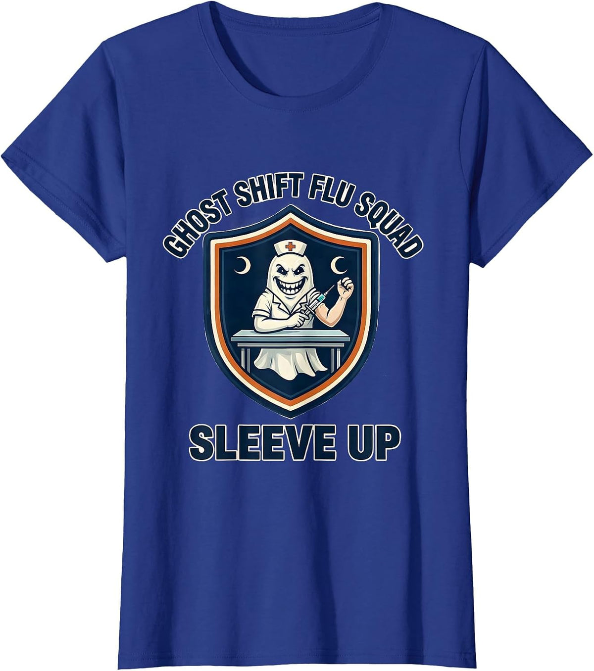 Women's Ghost Shift Flu Squad Sleeve Up Funny Nurse Halloween Flu T-Shirt - Royal Blue