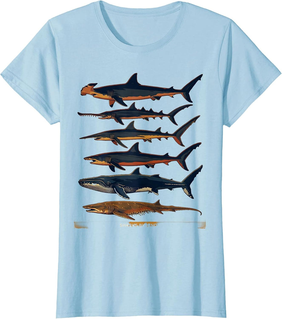 Women's Sharks By Kind Vintage Shark Species Marine Life Humor T-Shirt - Baby Blue