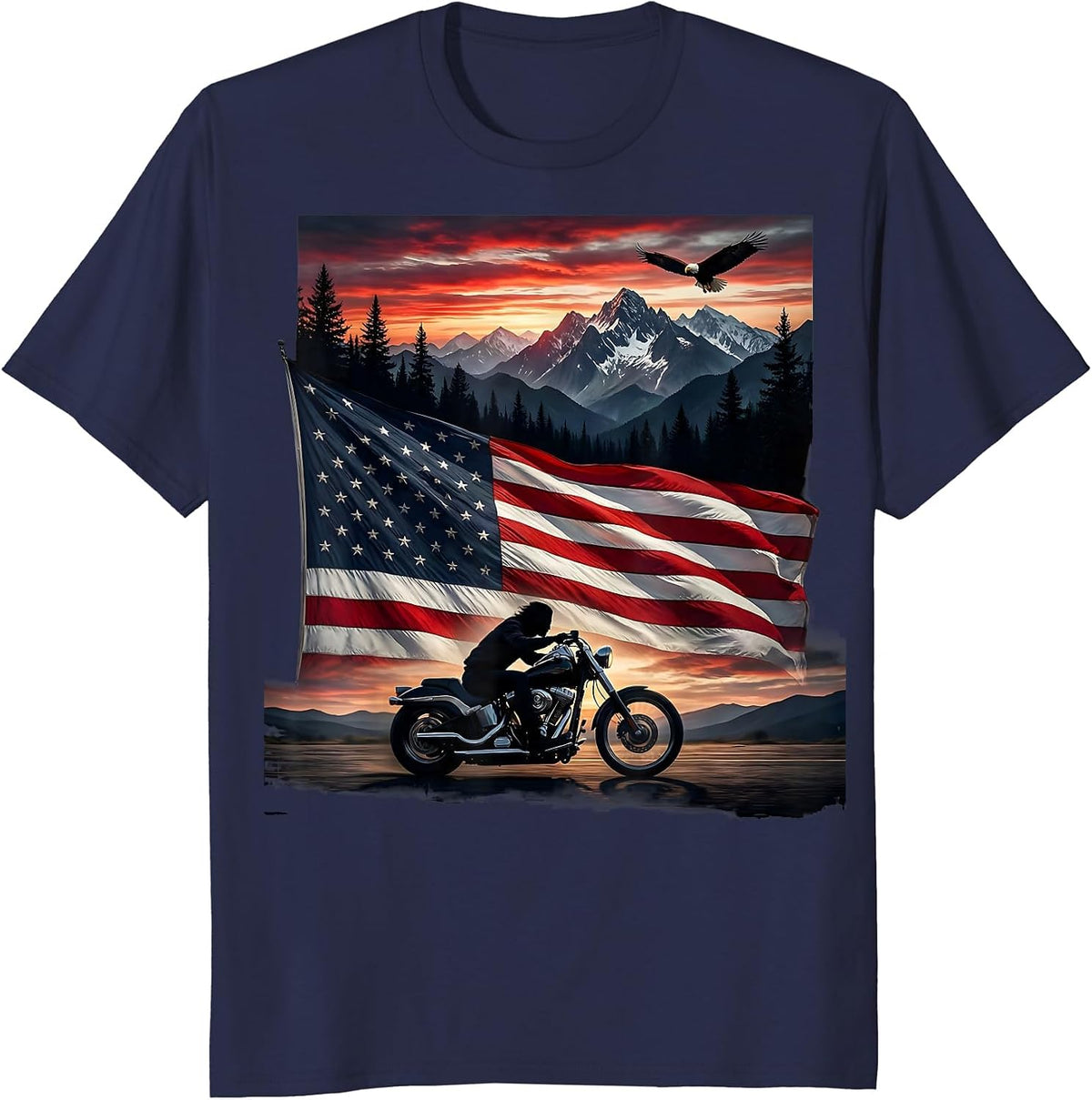 Men's American Flag Motorcycle Patriotic Graphic Tee T-Shirt - Navy Blue