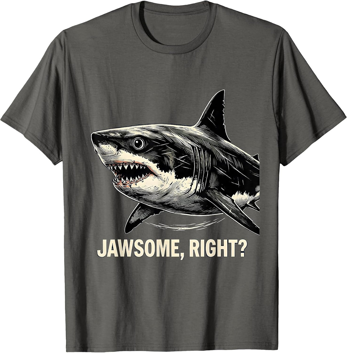 Men's Jawsome Right Funny Shark Lover Ocean Humor Linocut T-Shirt - Asphalt Grey