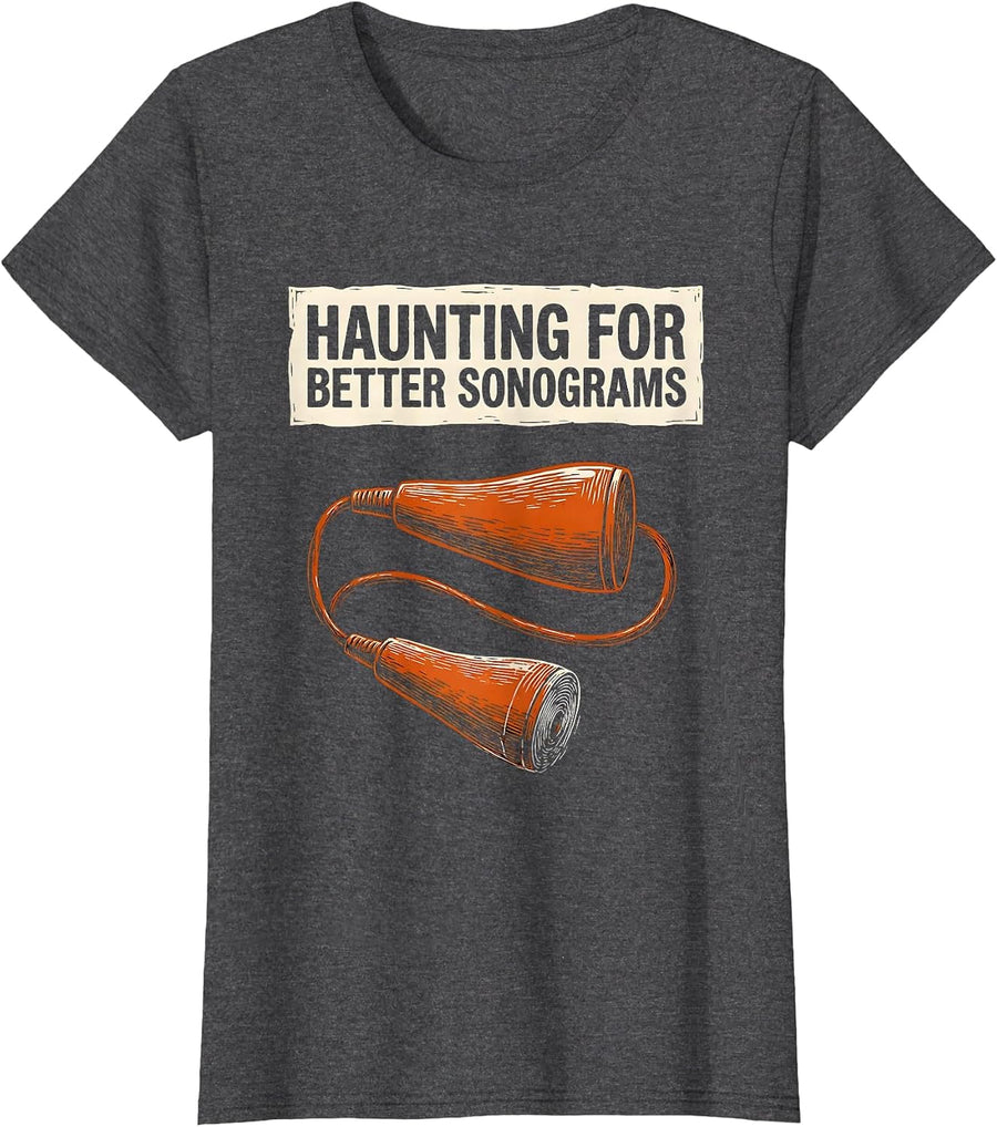 Women's Haunting For Better Sonograms Linocut Sonographer Halloween T-Shirt - Dark Heather Grey
