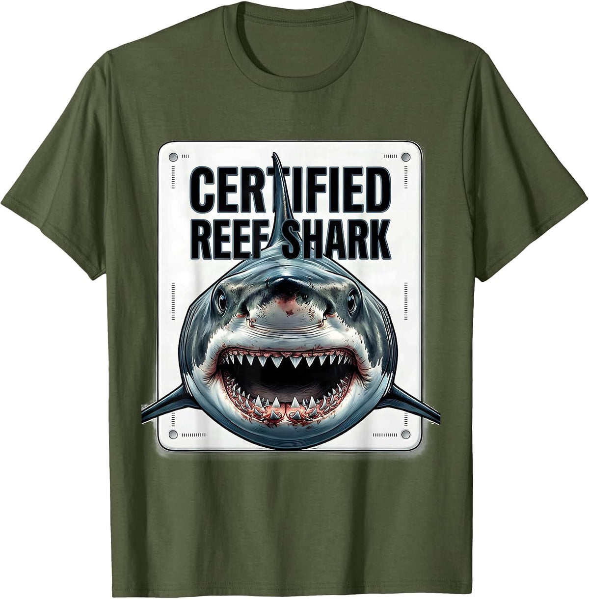 Men's Certified Reef Shark Funny Shark Lover Ocean Wildlife Humor T-Shirt - Olive Green