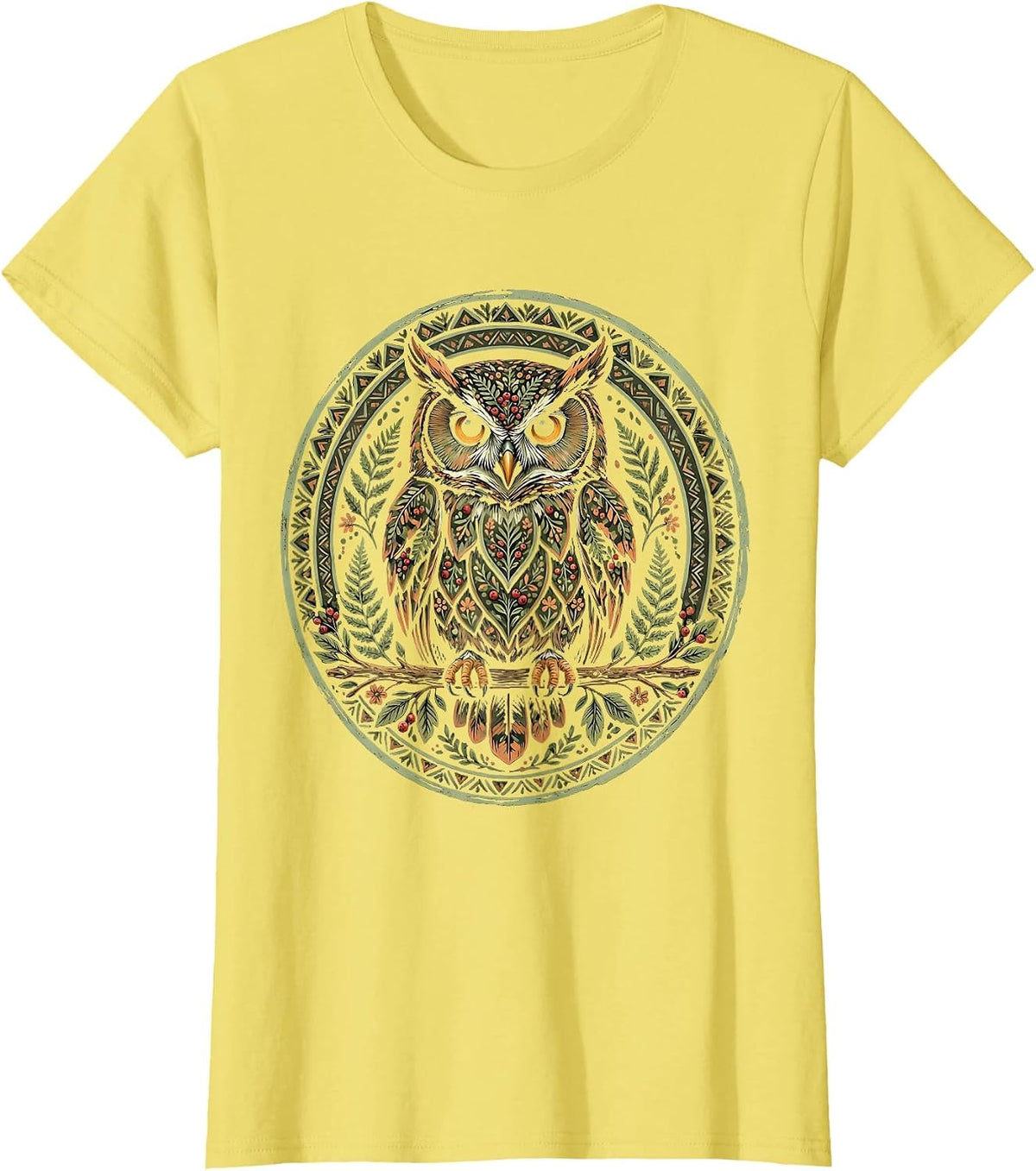 Camo Owl Perched on Branch Nature Design T-Shirt - Lemon Yellow
