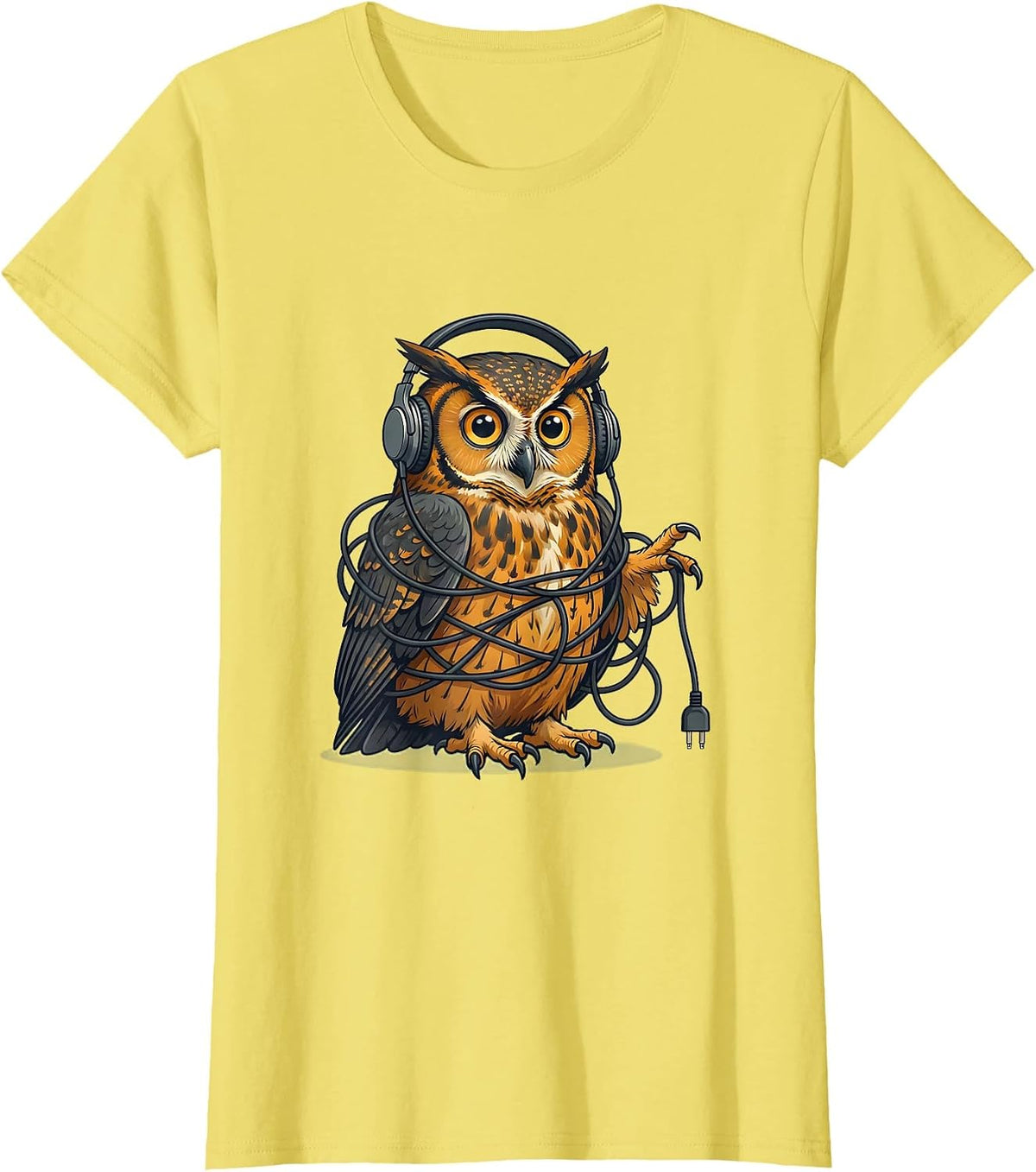 Silly Wide-Eyed Owl Tangled in Headphone Cords T-Shirt - Lemon Yellow