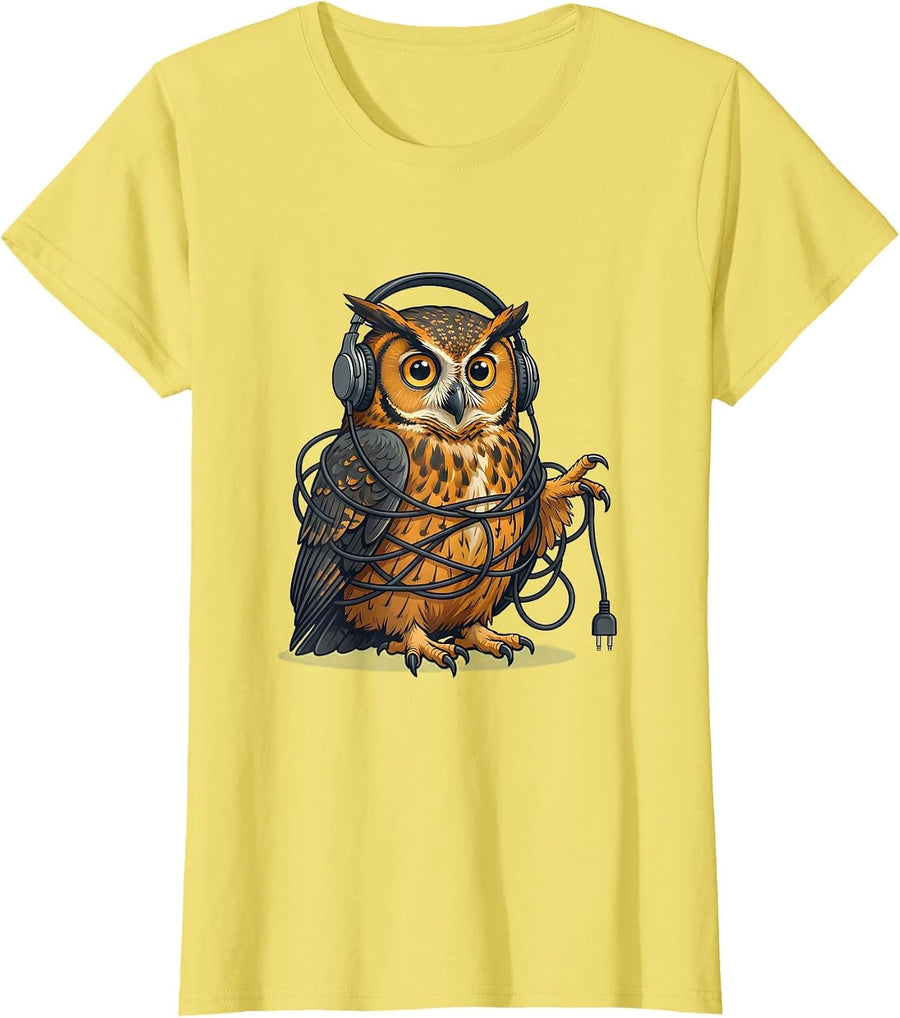 Silly Wide-Eyed Owl Tangled in Headphone Cords T-Shirt - Lemon Yellow