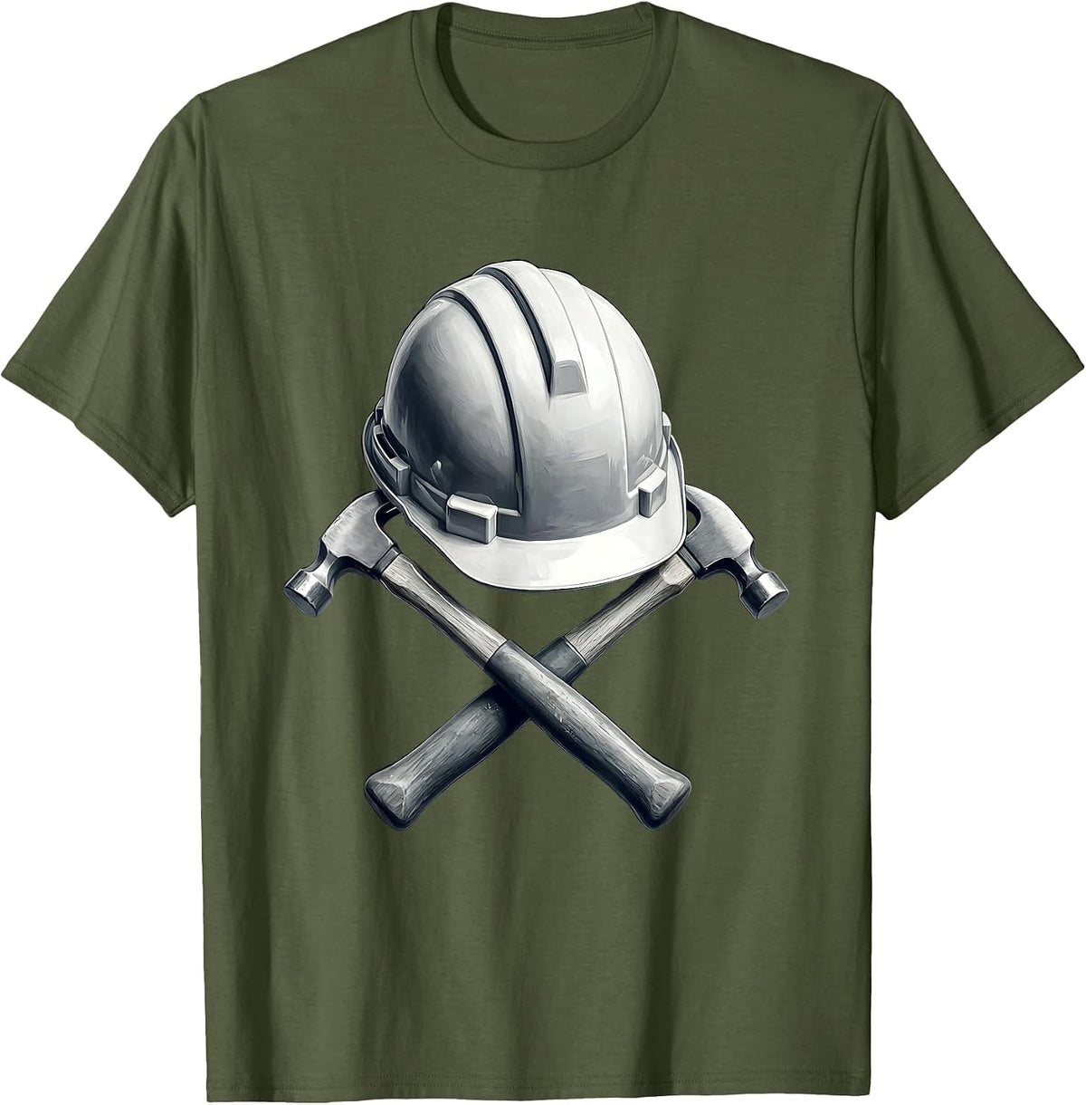 Hard Hat Crossed Hammers Blue Collar Worker Graphic T-Shirt - Olive Green