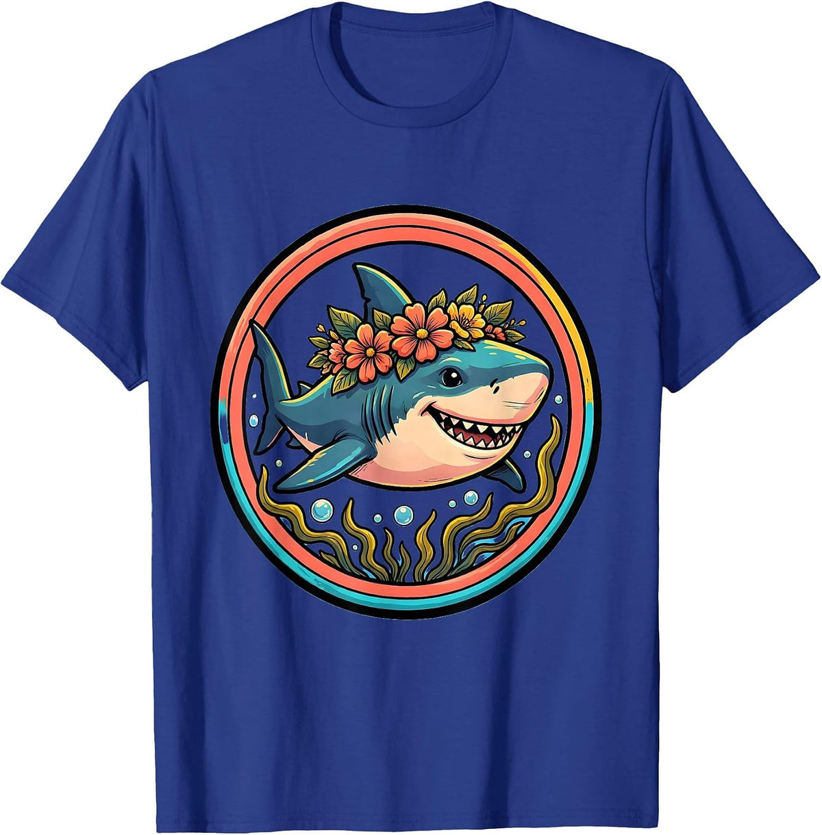 Mommy Shark Flower Crown Underwater Art T-Shirt - Royal Blue