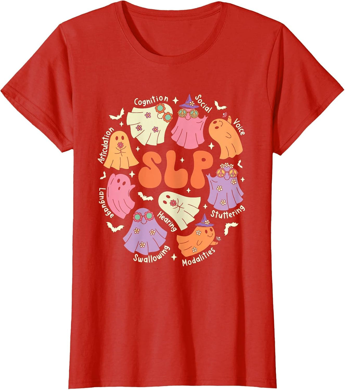 Cute Ghost Friends Halloween AAC SLP Squad Speech Language T-Shirt - Red