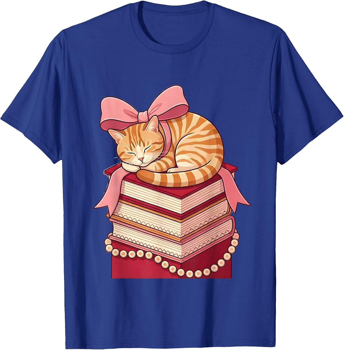 Tabby Cat Napping on Stacked Books Illustration T-Shirt - Royal Blue