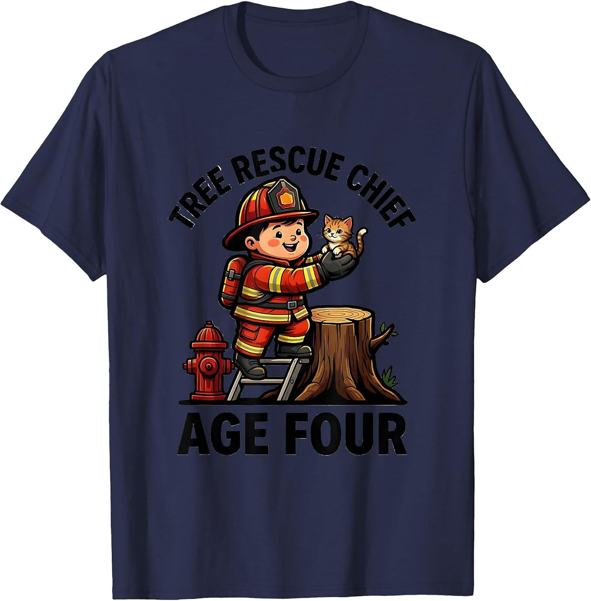 Men's Tree Rescue Chief Age Four Cute Toddler Firefighter Birthday T-Shirt - Navy Blue