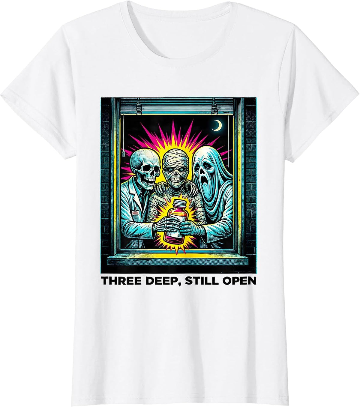 Three Deep Still Open Funny Pharmacy Tech Halloween Costume T-Shirt - White