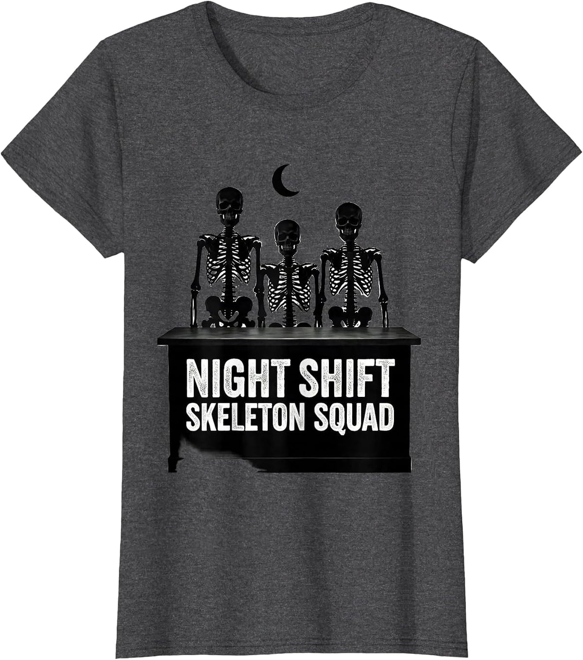 Women's Night Shift Skeleton Squad Funny Pharmacy Tech Halloween T-Shirt - Dark Heather Grey