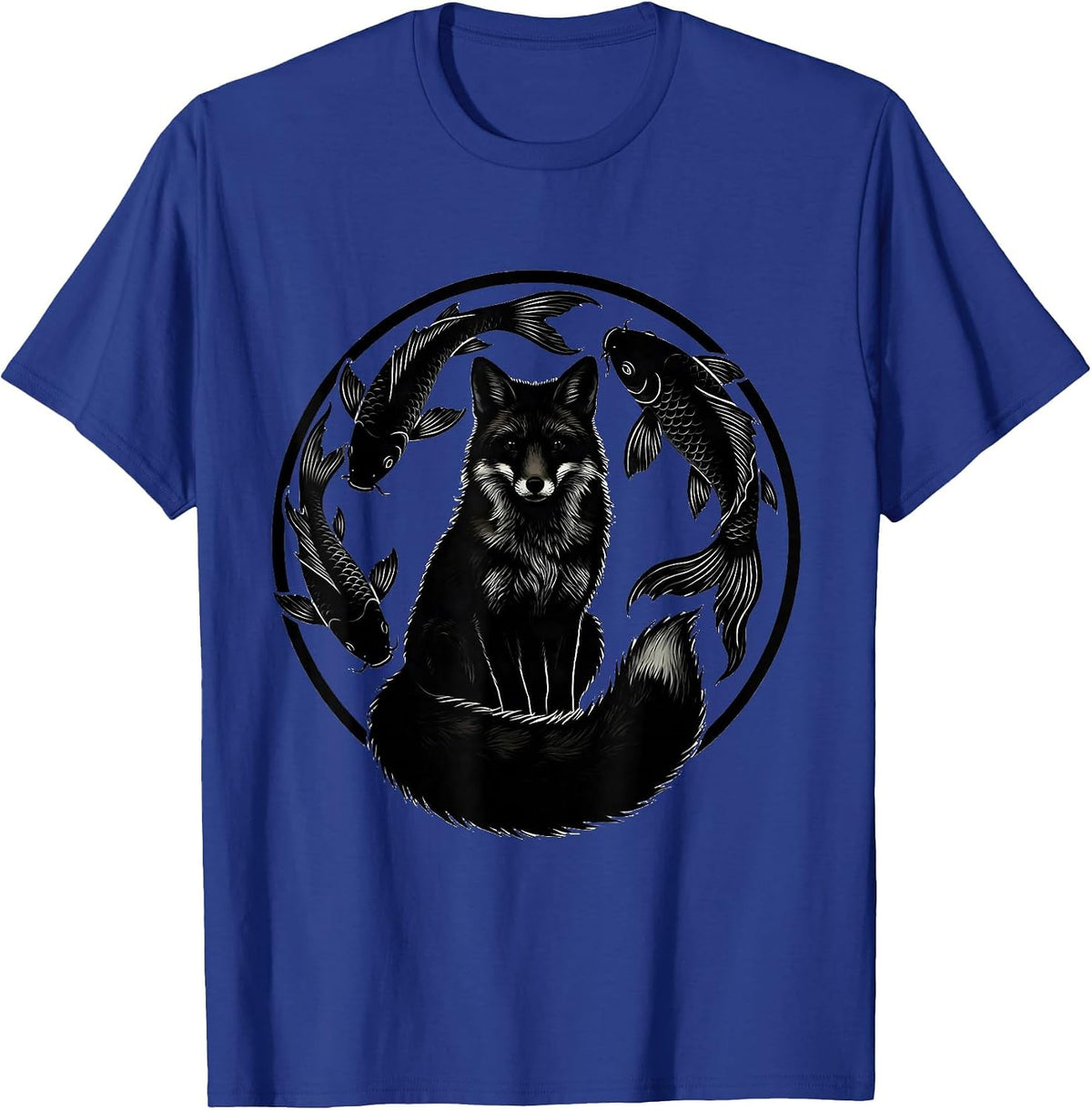 Fox and Koi Fish Nature Art Graphic Design T-Shirt - Royal Blue