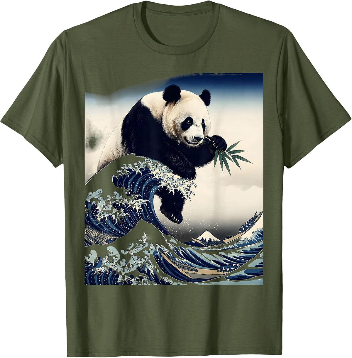 Men's Panda Ukiyo-e Animal Lover Humor T-Shirt - Olive Green