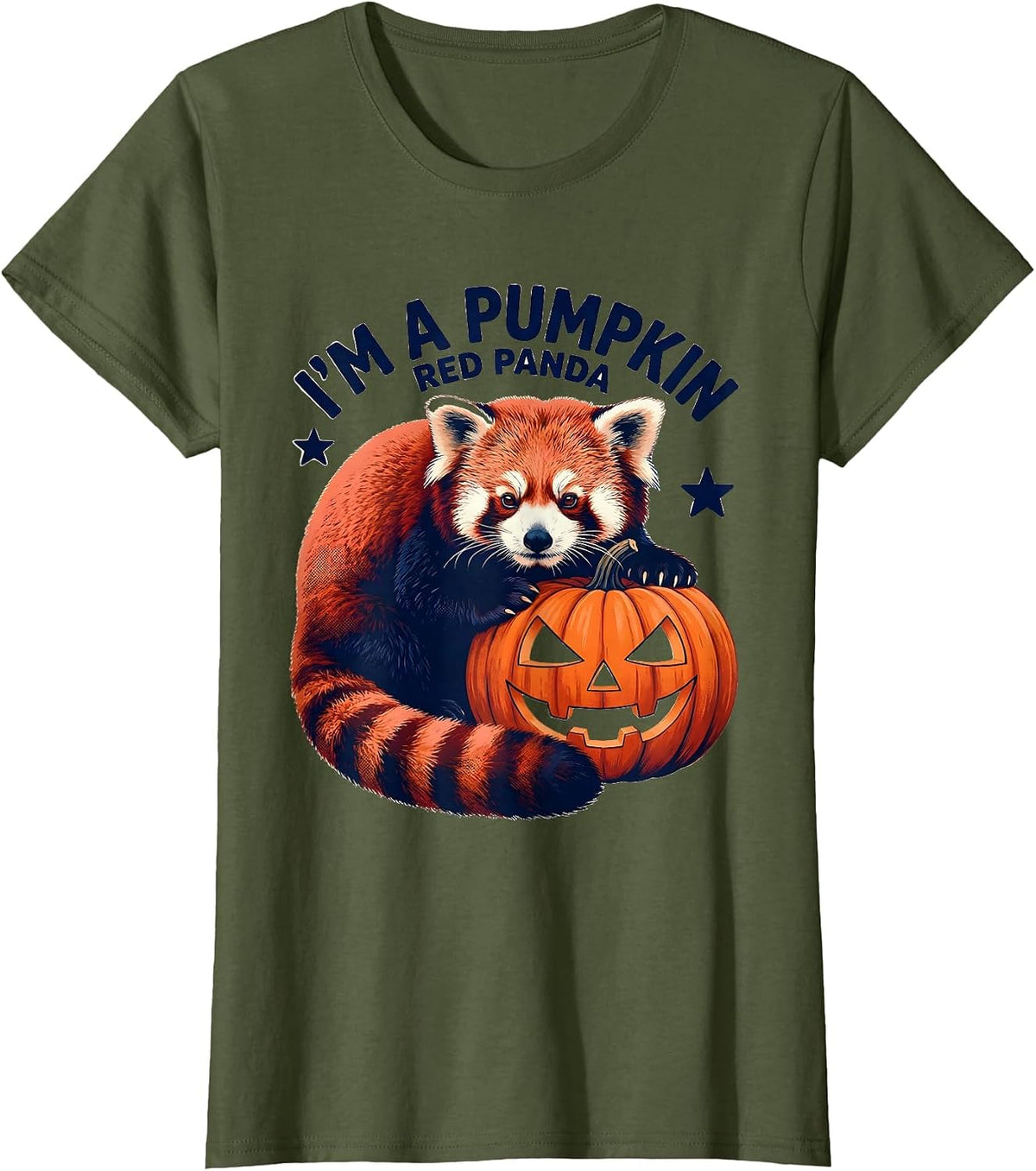 Women's I'm a Pumpkin Red Panda Cute Kawaii Animal Halloween Costume T-Shirt - Olive Green