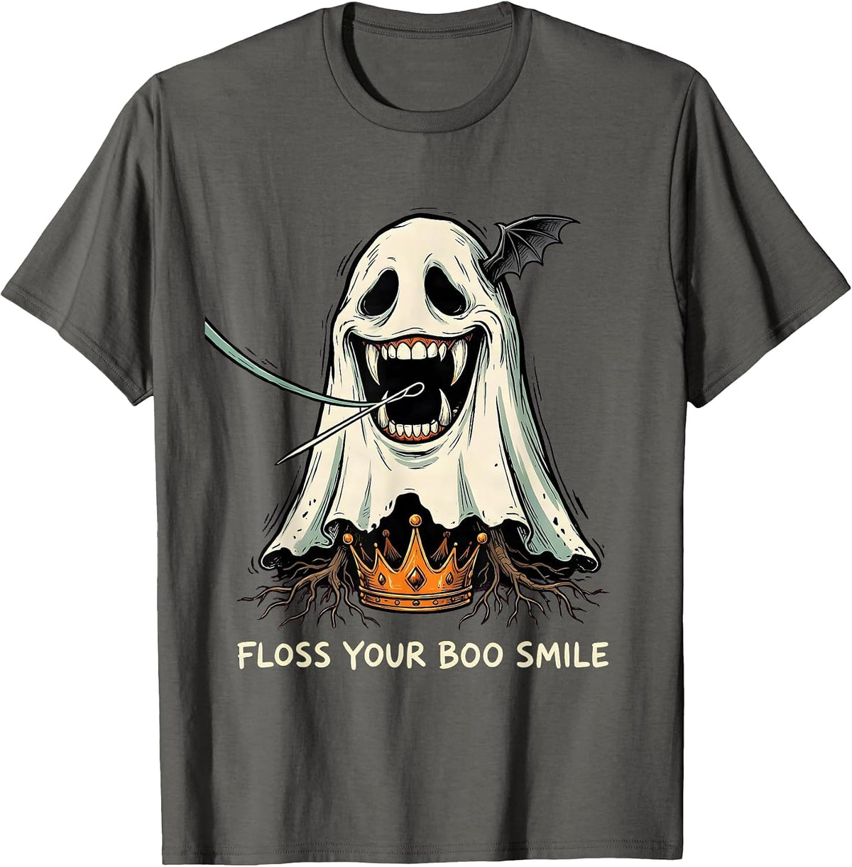 Floss Your Boo Smile Funny Dentist Halloween Ghost Dental T-Shirt - Asphalt Grey