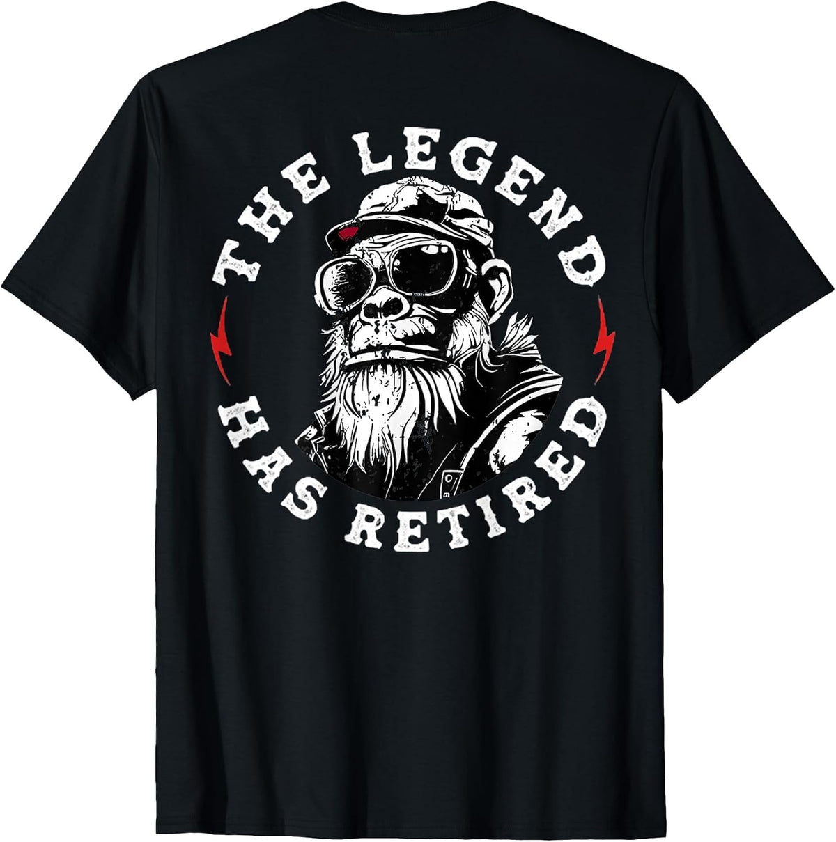Funny Monkey Retirement The Legend Has Retired (On Back) T-Shirt - Black