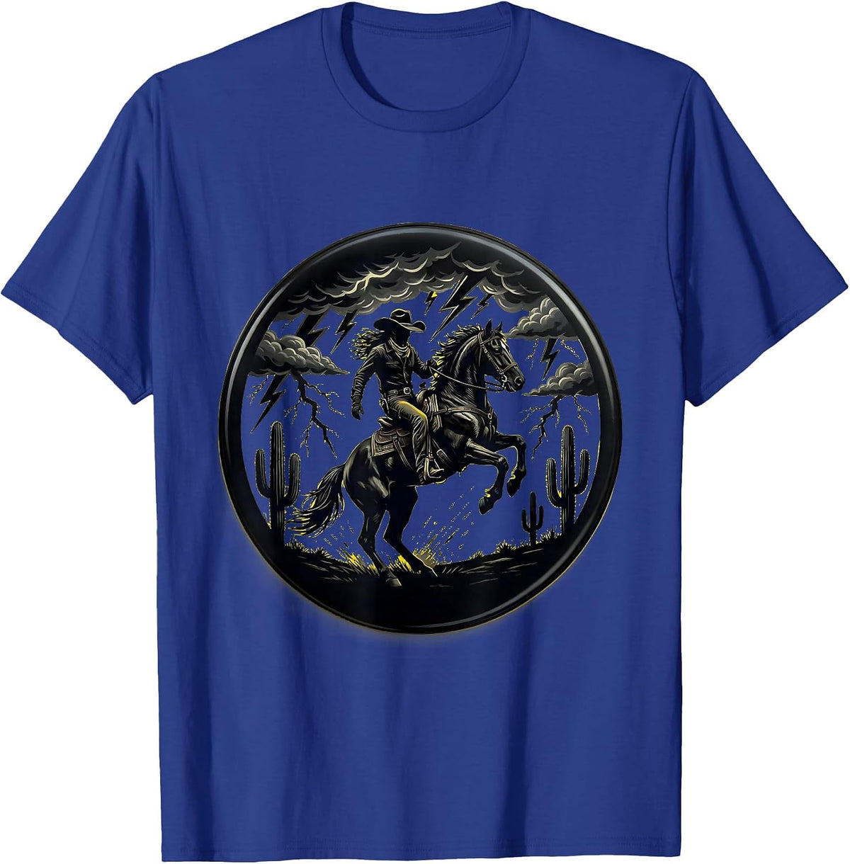Men's Cowgirl Rearing Horse Thunderstorm Western Art T-Shirt - Royal Blue