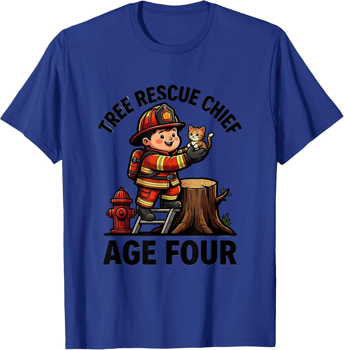 Men's Tree Rescue Chief Age Four Cute Toddler Firefighter Birthday T-Shirt - Royal Blue