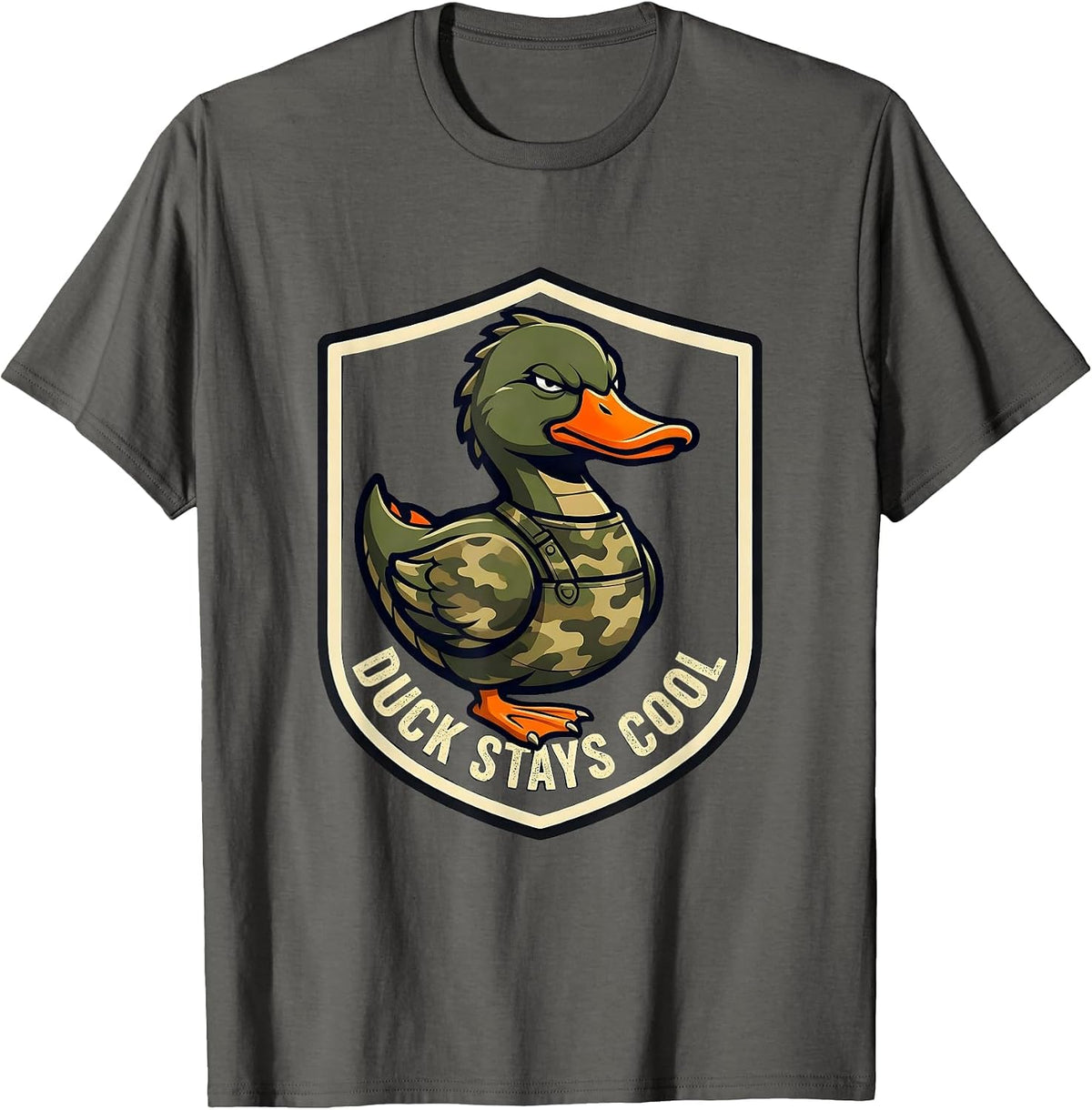 Duck Stays Cool Emblem Funny Hunting Camo Gift T-Shirt - Asphalt Grey
