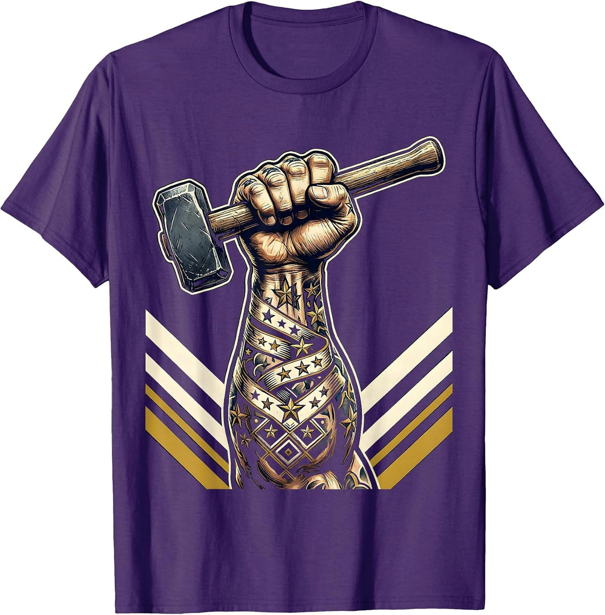 Blue Collar Strength Muscular Arm Hammer Tattoo T-Shirt - Purple