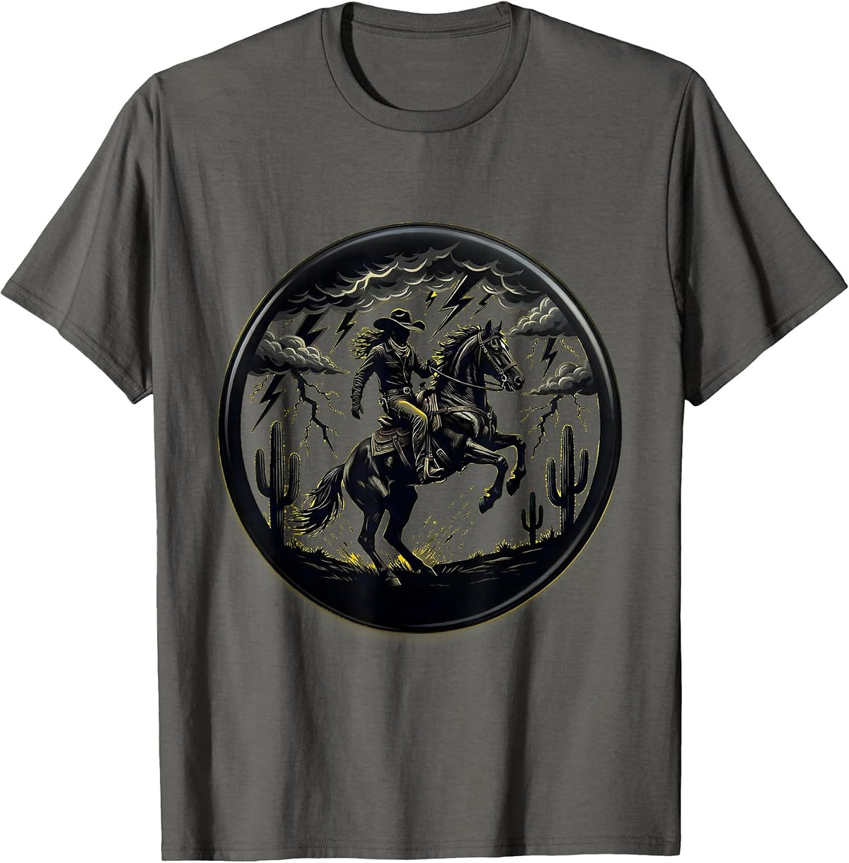 Men's Cowgirl Rearing Horse Thunderstorm Western Art T-Shirt - Asphalt Grey