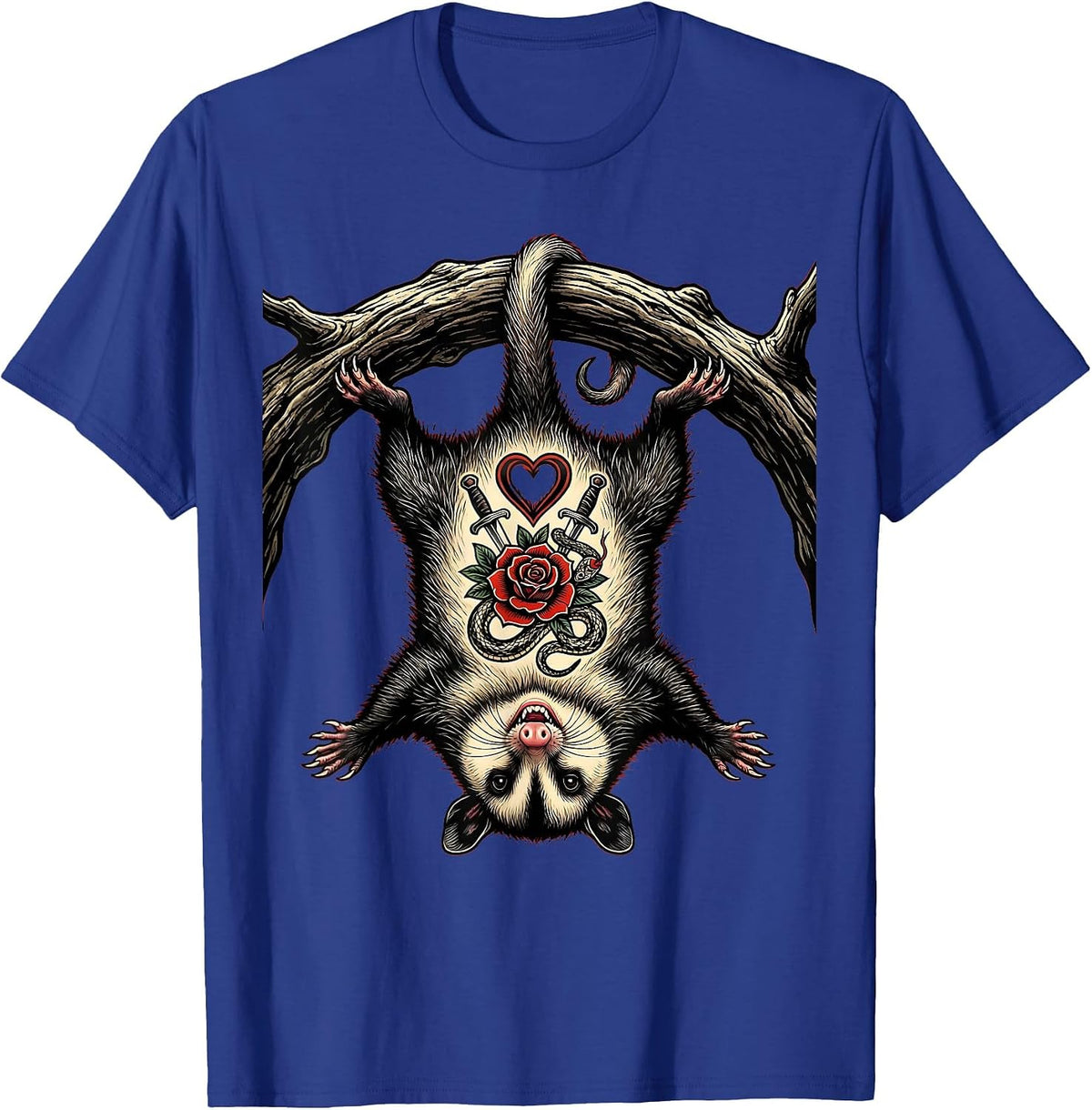 Tattooed Opossum Hanging Upside Down Graphic T-Shirt - Royal Blue