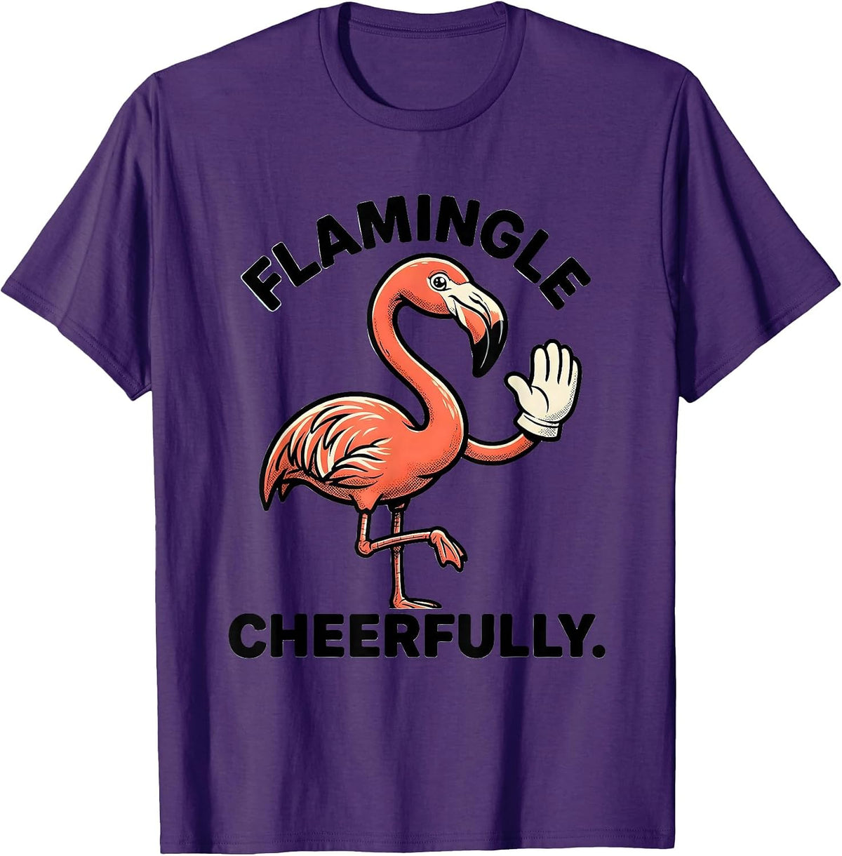 Flamingle Cheerfully Retro Cartoon Pink Flamingo Funny T-Shirt - Purple