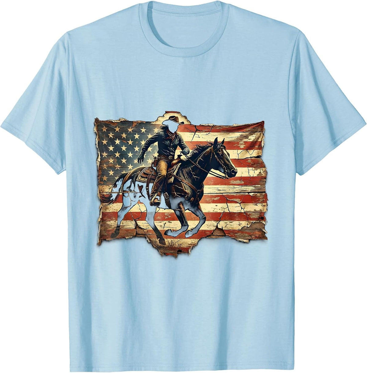 Men's Patriotic Cowgirl Riding Horse at Sunset T-Shirt - Baby Blue