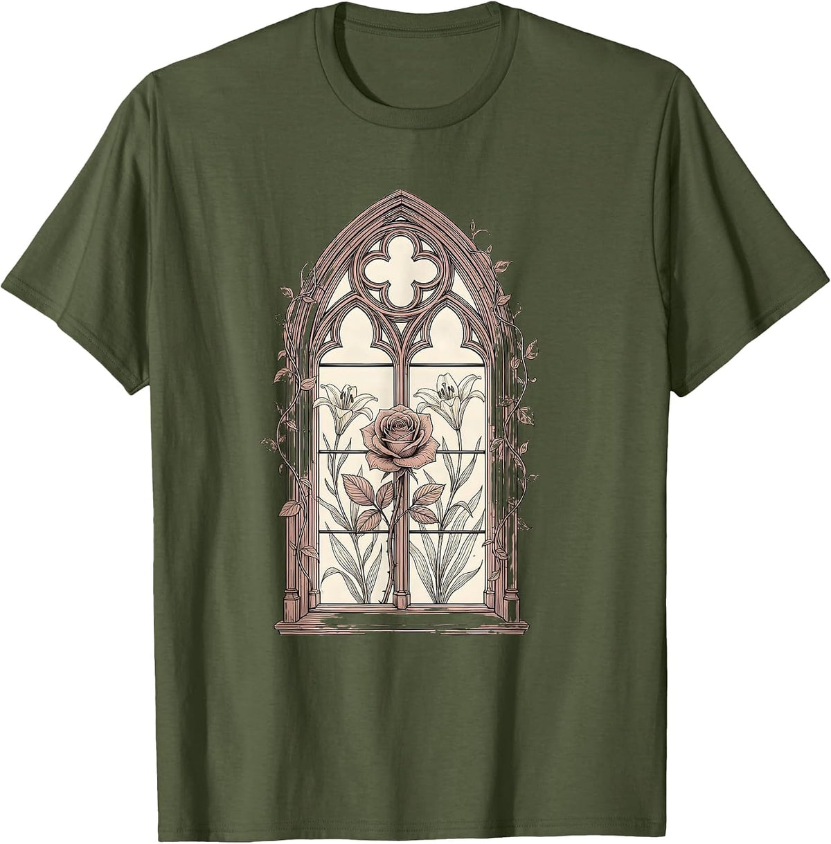 Men's Stained Glass Blooming Garden Religious Design T-Shirt - Olive Green